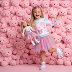 Conjunto Unicórnio Saia Tule, Casaco, Conjunto de Frio, Conjunto de Menina, Unicórnio, Menina e Boneca