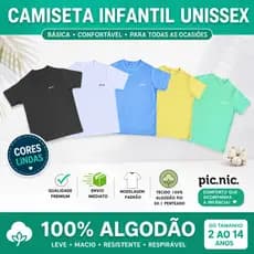 Kit 5 Camisetas Infantil Básica Lisa Algodão Menina Menino Blusa Uniforme Escolar