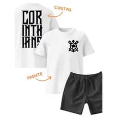 Kit Infantil Camiseta e Short Moletinho Time Timão Fiel Conjunto Blusa e Bermuda de Moletom Camisa Coringão 100% Algodão