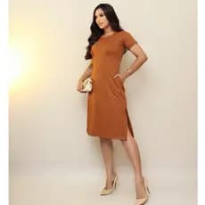 Vestido Midi Manga Curta Com Fenda Lateral Canelado Tubinho Feminino Moda Evangélica Cristã