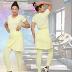 Conjunto Moda Fitness Cristã Evangélica Blusa Manga Curta Feminino + Saia Calça Legging Transpassada
