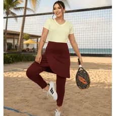 Conjunto Fitness Moda Cristã Evangélica Blusa Manga Curta Feminino + Saia Calça Legging Transpassada