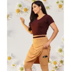 Conjunto Fitness Moda Evangélica Cristã Modesta Feminino Short Saia Godê + Blusa para Exercícios