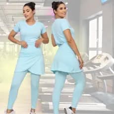 Conjunto Moda Fitness Cristã Evangélica Blusa Manga Curta Feminino + Saia Calça Legging Transpassada
