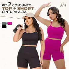 Kit 2 Conjuntos Shorts Grosso Meia Coxa e Top Com Bojo Fitness Academia Promoção Gym Feminino Mulher  Básico