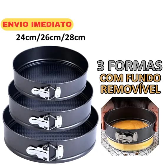 Forma Assadeira de Bolo Redonda Antiaderente Fundo Removivel Falso Kit com 3 unidades Bolo Casamento Tres Andares Torta