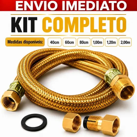 Kit Mangueira Gas Encanado Metalica Cobre Adaptador Femea Instalação Apartamento Cooktop Aquecedor