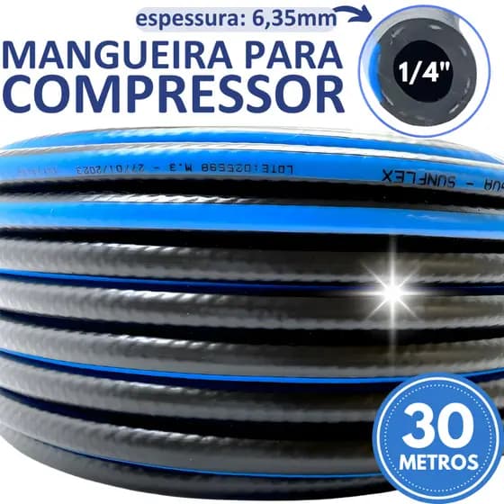 Mangueira Compressor de Ar 1/4" Comprimido Agua 30 Metros Preta Borracha 6,35mm 300psi