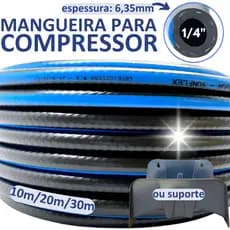Mangueira Compressor de Ar 1/4'' Comprimido Agua 50, 30, 20, 10 Metros Preta Borracha 6,35mm 300psi Suporte