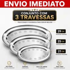 Kit 3 Travessas Inox cozinha Oval Rasa Bandeja Porções Petiscos Lanchonete Restaurante 21, 25 , 29cm