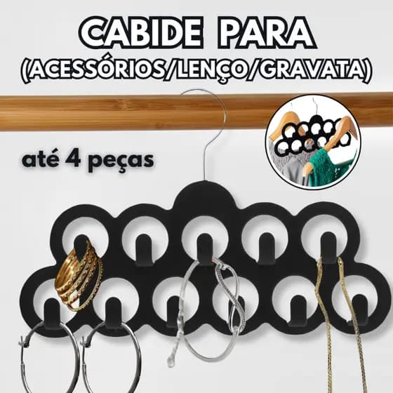 Cabide de Veludo Adulto Preto Reforçado Lenço Gravata Cinto Acessórios Bijuteria Colar Pulseira Organizador 11 Ganchos