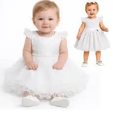 Vestido De Bebê 0 Meses até 4 Anos Menina Branco Batizado Saia Tule Manga curta Cinto Perolas Renda