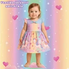 Vestido Infantil de Festa Aniversário Estampa de Unicórnio Princesa 1 a 4 Anos