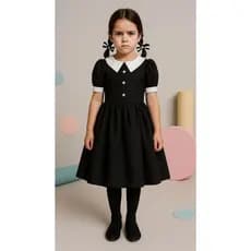 Vestido Halloween Infantil Fantasia Wandinha Menina Preto