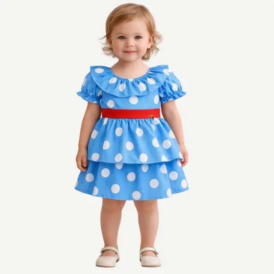 Vestido Infantil Festa Aniversário Galinha Pintadinha Azul Bolinhas Branca Tam 1 a 4 Anos Poá Azul