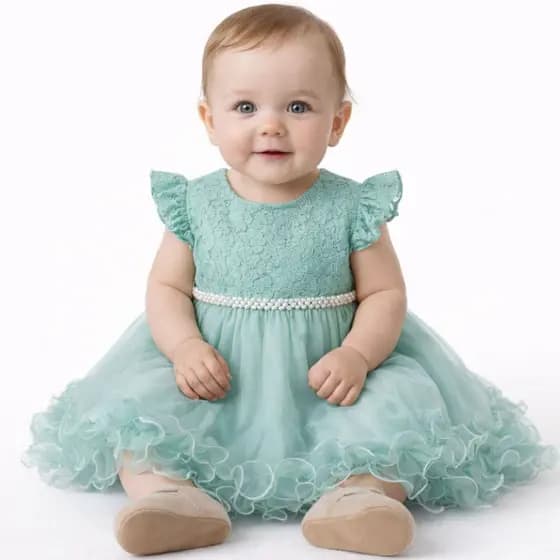 Vestido Festa Bebê Com Tule Renda Cinto Pérolas Mesversário Verde Menta 0 a 4 Anos