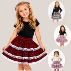 Saia Curta Infantil Rodado Xadrez Roupa Junina Menina Com Renda