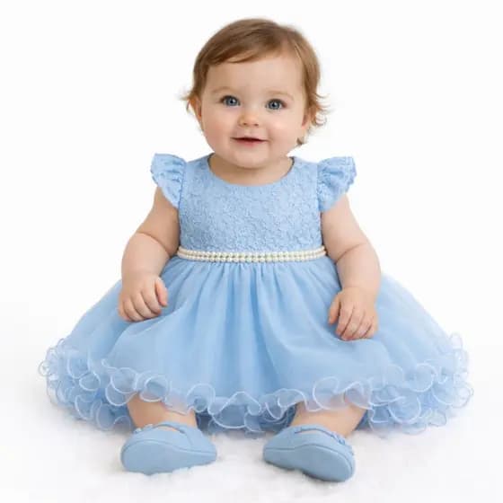 Vestido Bebê A 4 Anos Festa Tulle Com Renda Cinto Pérolas MesVersário Ensaio Fotográfico Azul Bebê