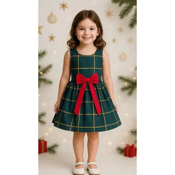 Vestido Infantil Natal Verde Xadrez com Laço Vermelho Elegante