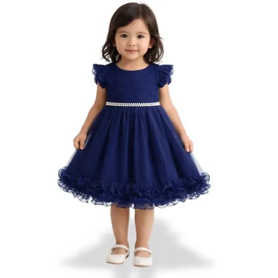 Vestido Bebê A 4 Anos Festa Tulle Renda Cinto Pérolas MesVersário Ensaio Fotográfico Azul Marinho