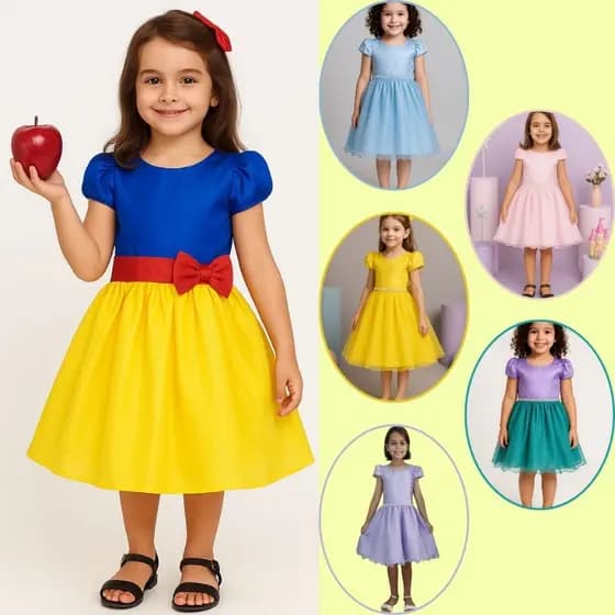 Vestido Infantil Festa Aniversário Princesa Fantasia Carnaval Bella Branca de Neve Frozen
