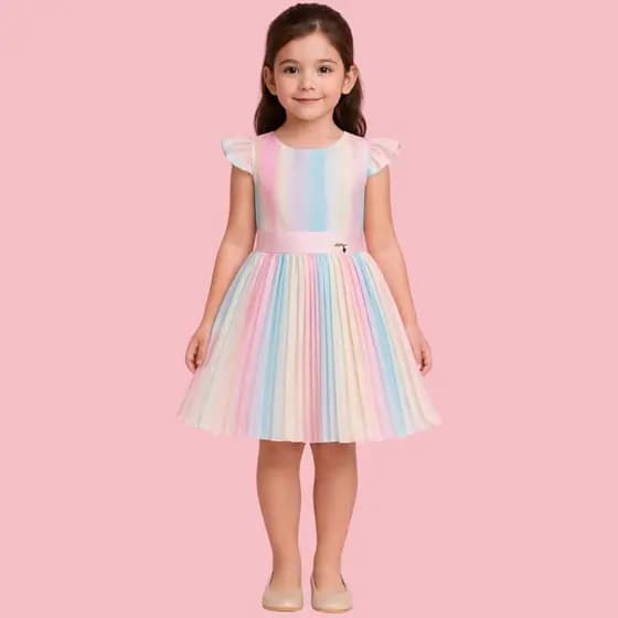 Vestido Infantil Menina Arco Iris Colorido Festa Plissado Aniversario Casamento Igreja
