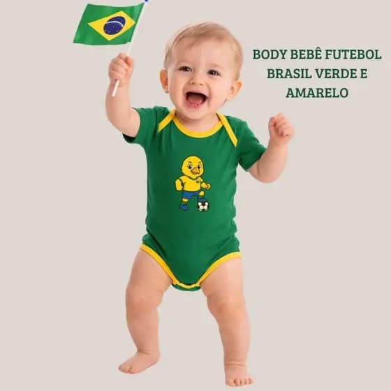 Body Bebê Brasil Futebol Verde e Amarelo Torcedor Menino e Menina Mesversário Infantil