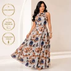 Vestido Estampa 3D Longo Feminino Floral Elegante Gola Alta Estampado Festa Igreja Casual Tamanho Único