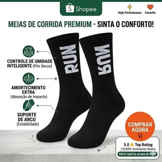 Meia Esportiva Cano Alto Compressão Run Academia Corrida Conforto Unissex Poliamida Preto