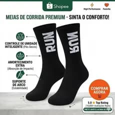 Meia Esportiva Cano Alto Compressão Run Academia Corrida Conforto Unissex Poliamida Preto