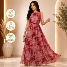 Vestido Longo Feminino Estampado Elegante Cintura Ajustável Tecido Leve Moda Verão Casual Festa Igreja Estampa 3D