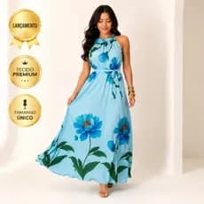Vestido Longo Feminino Estampa 3D Floral Azul Elegante Festa Igreja Casual Verão