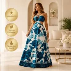 Vestido Longo Feminino Estampado Floral Azul 3D Decote Cruzado Tamanho Único
