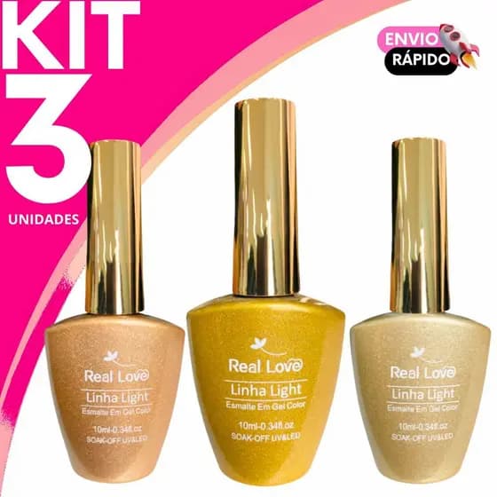 Esmalte em Gel Real Love Kit Tons De Dourado Linha Light Secagem Rápida Cabine LED/UV Unhas Gel