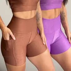 Kit 2 Short com Bolso Para Corrida Canelado Fitness Feminino Bermuda de Academia Legging Feminina Cintura Alta Ciclismo