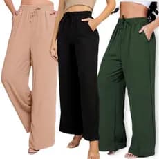 Calça pantalona feminina com bolso lateral cintura alta