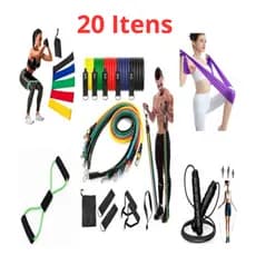 kit 20 Itens  de Treino em casa  Elásticos + Mini Band + Thera Band + Corda De Pular acessórios esportivos corda