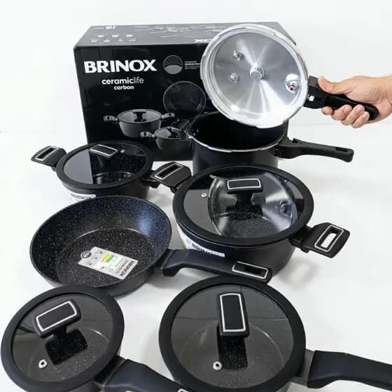 Kit Panelas Brinox Ceramic Life Carbon Com Pressão granito