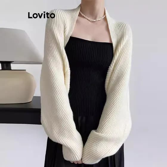 Lovito Casual Cardigans Cardigans Básicos Lisos Para Mulheres LNE37018 (Cáqui/Aprico/Preto)