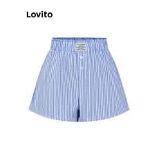 Lovito Casual Curto Listrado Botão Básico Verão/Primavera Curto Para Mulheres L105MD129
