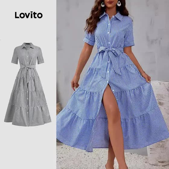 Lovito Casual Vestido Listrado Solto Azul Longo Botão Frontal E Cinto Para Mulheres LNL79306