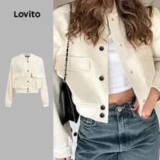 Lovito Casual Jaqueta com Bolso Lisa Primavera/Verão Preta Curta para Mulheres LNM75189