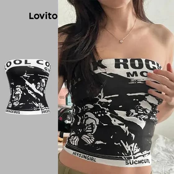 Lovito Casual Regata Com Estampa De Figura Preto Ajuste Justo Verão/primavera Para Mulheres L104ED577