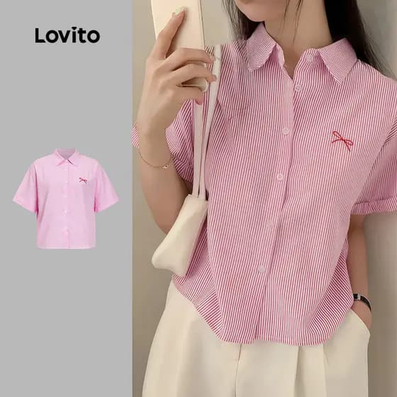 Lovito Casual Blusa Listrada Com Botões E Laço Para Mulheres LAD106666