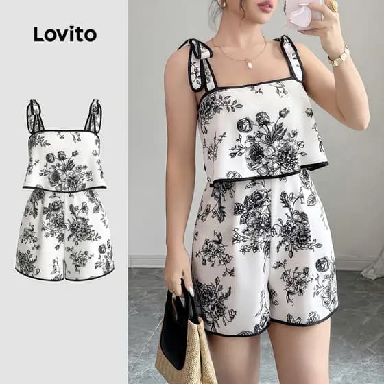 Lovito Macacão Boho com Contraste de Borda Laço Flores Preto e Branco Macacão Feminino LK4AD007