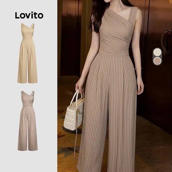 Lovito Elegante Macacão com Pregas Geométricas de Primavera/verão Cor Caqui para mulheres LK4ED772