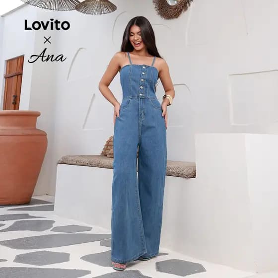 (Lovito x Ana) Casual Macacão Feminino Liso Lavado com Bolso e Botão Frontal LNE22047 (Multicolorido)