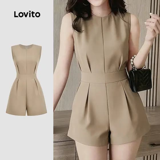 Lovito Elegante Macacão Feminino com Linha Primavera/verão Macacão Cáqui L178ED1319
