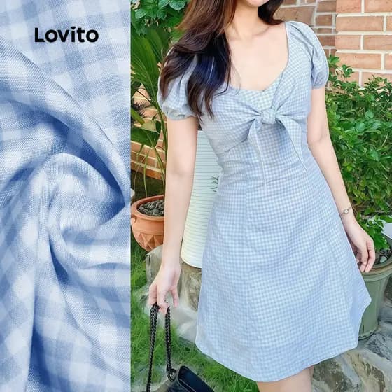 Lovito Casual Vestido Azul com Nó Primavera/verão Vestido Feminina L184ED355