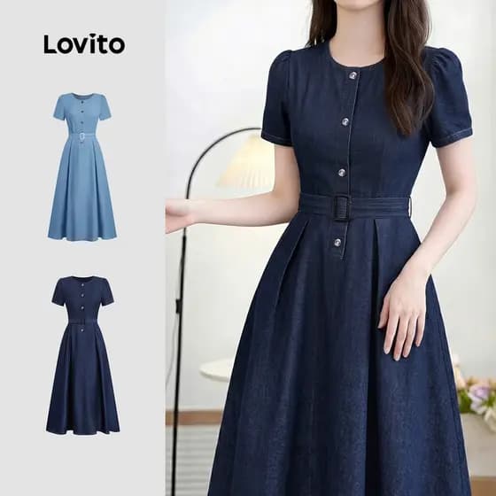 Lovito Vestido Casual com Zíper Primavera/verão Azul para mulheres LK6LD108